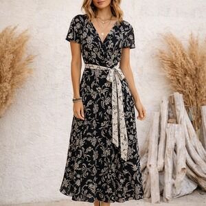 Rabbit Rabbit Designs Black White Floral Fil Coupe Wrap Midi Dress Womens 10